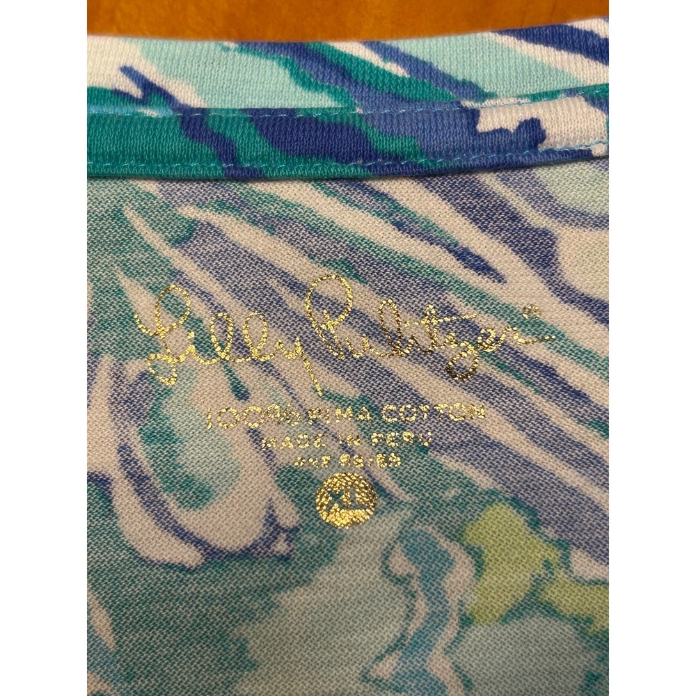 Lilly Pulitzer XL Blue Green Oyster Bay Pima Cotton Henley Top Palm Beach Chic - Picture 3 of 9